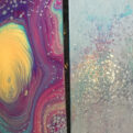fluorescent strainer acrylic pour paintings on silver