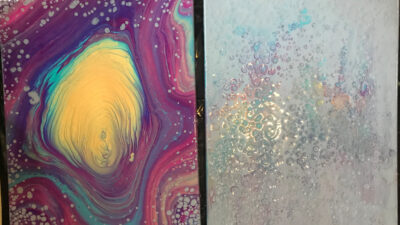 fluorescent strainer acrylic pour paintings on silver