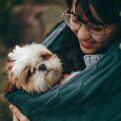 selective focus photography of white and tan shih tzu puppy carrying by smiling woman