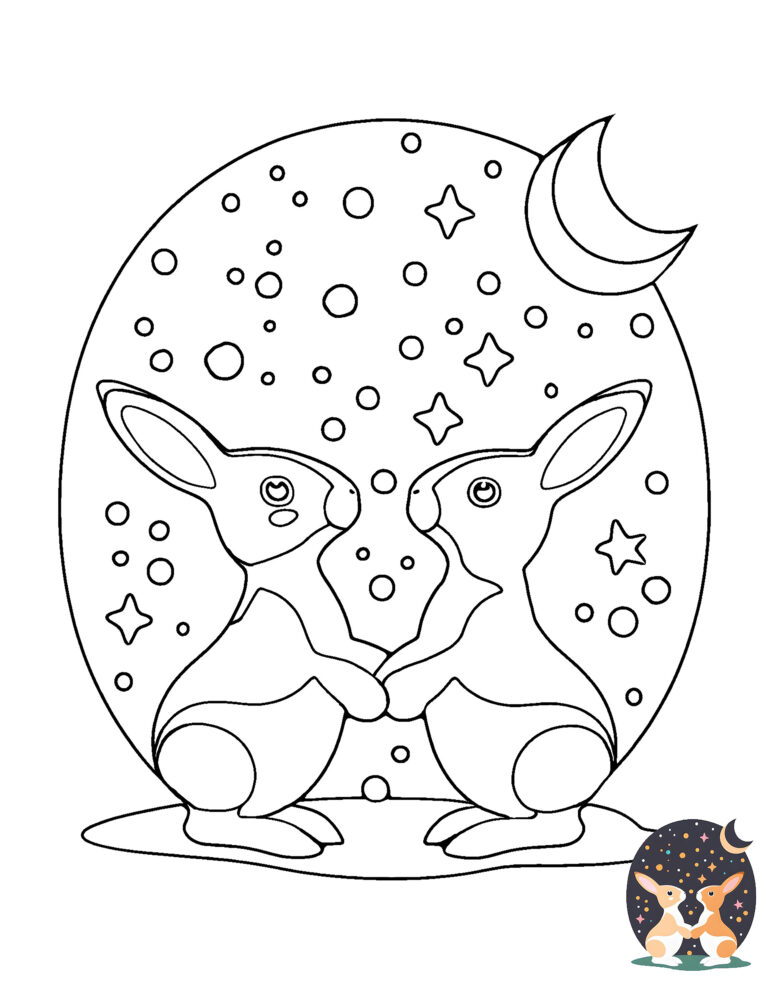 An easy to color coloring page of two rabbits greeting each other under the moon and stars