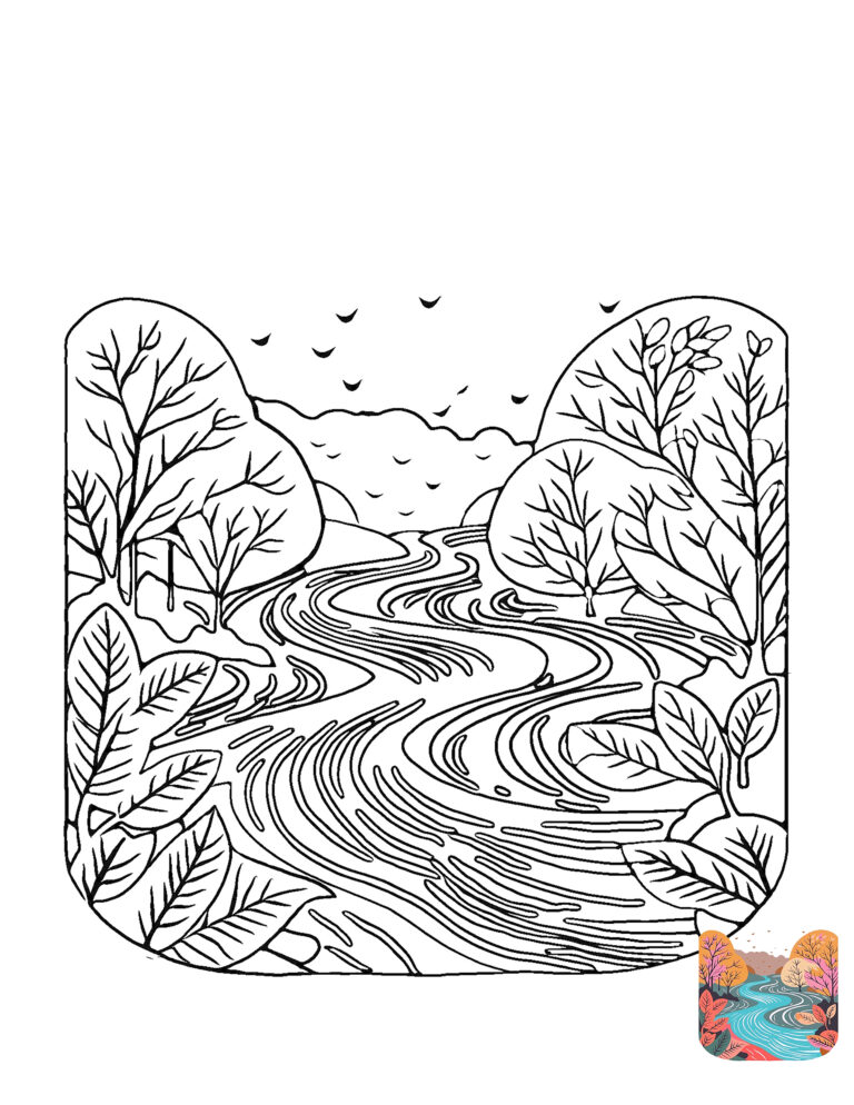 An easy to color coloring page of a winding river flowing through fall and autumn leaves in September with birds flying